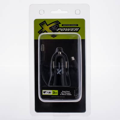X2Power 3 Amp Car Charger with Dual USB Ports with 3 Foot Micro USB Cable