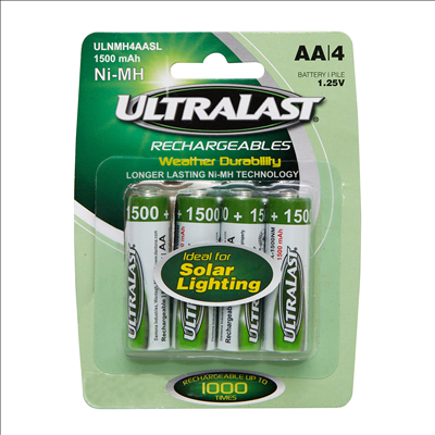UltraLast Nickel Metal Hydride AA Solar Powered Lighting Rechargeable Battery - 4 Pack 