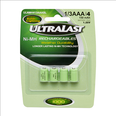 UltraLast Nickel Metal Hydride 1/3 AAA Solar Powered Lighting Rechargeable Battery - 4 Pack