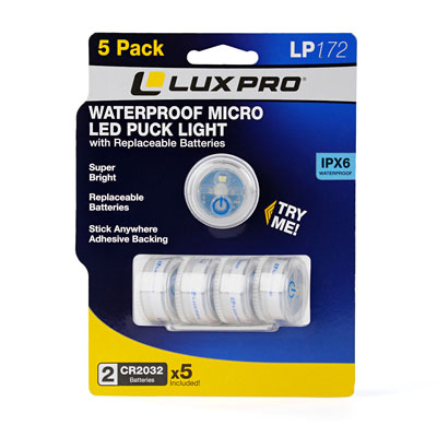 LuxPro LP172 Wateproof Micro 16 Lumen CR2032 Puck Lights - 5 Pack