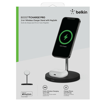 Belkin BoostCharge Pro 2-in-1 iPhone Wireless Charger Stand with MagSafe 15W Fast Charging - Black