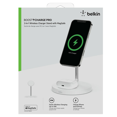 Belkin BoostCharge Pro 2-in-1 iPhone Wireless Charger Stand with MagSafe 15W Fast Charging - White