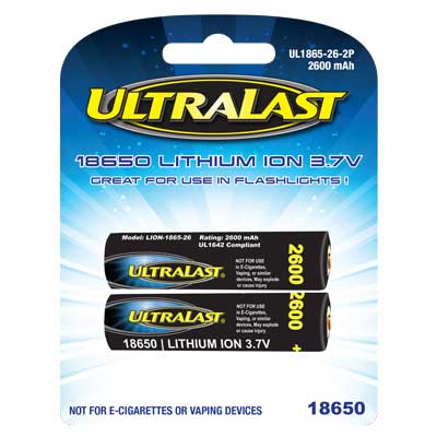 UltraLast 3.7V 18650 Lithium Ion Rechargeable Battery - 2 Pack