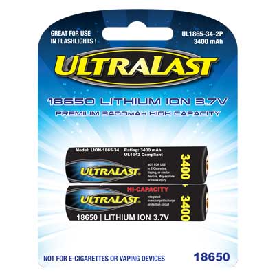 UltraLast 3.7V 18650 Lithium Ion Rechargeable Battery - 2 Pack