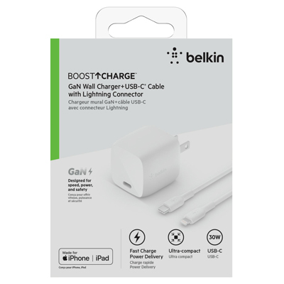 Belkin BOOST UP CHARGE™ USB-C Wall Charger Base with a 3.3ft USB-C to Lightning Cable Cord - White - Main Image