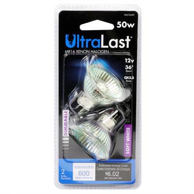 UltraLast 50W 600 Lumen MR16 Soft White Halogen Bulb - 2 Pack