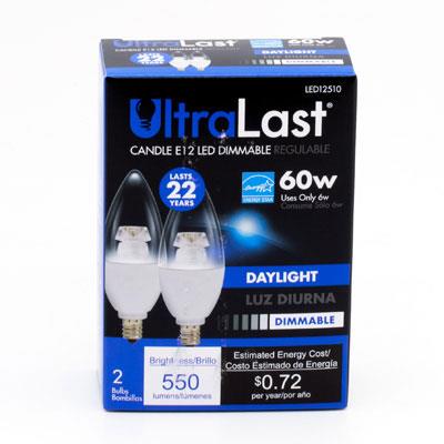 UltraLast 60 Watt Equivalent B13 Candle 5000k Daylight Energy Efficient LED Light Bulb - 2 Pack