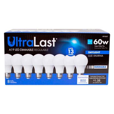 UltraLast 60 Watt Equivalent A19 5000K Daylight Energy Efficient LED Light Bulb - 8 Pack