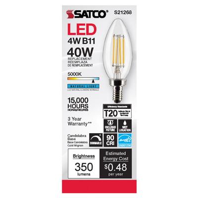 Satco 40 Watt Equivalent B11 5000K Daylight Energy Efficient Candle LED Light Bulb