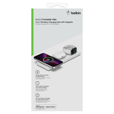Belkin BoostCharge Pro 3-in-1 Wireless Charging Pad with MagSafe Charging 15W - White