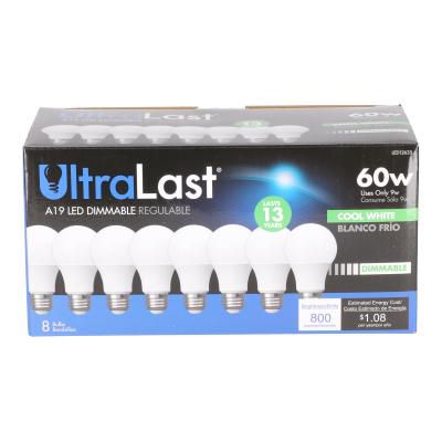 UltraLast 60 Watt Equivalent A19 4000K Cool White Energy Efficient LED Light Bulb - 8 Pack