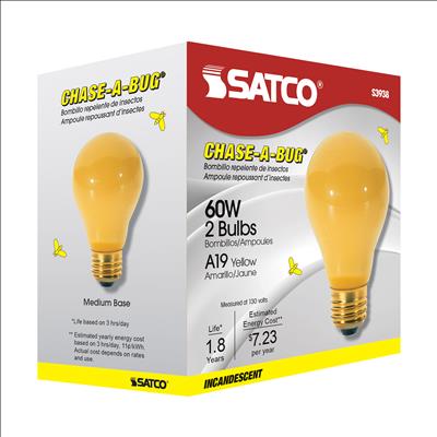 Satco 60W E26 A19 Incandescent Bug Light Bulb - 2 Pack