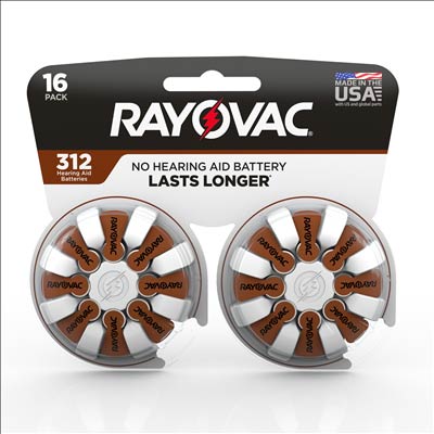 Rayovac 1.4V Type312 (Brown) Zinc Air Battery - 16 Pack