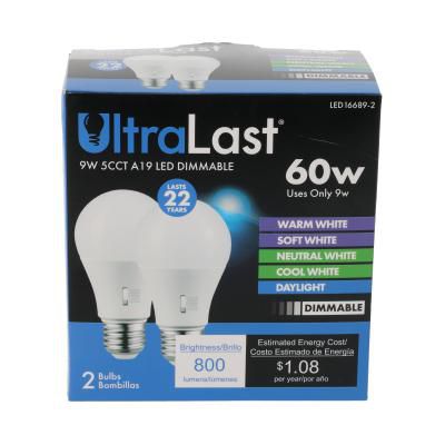 UltraLast 9W 5CCT Dimmable A19 LED Bulb - 2 Pack